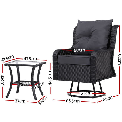 Gardeon 3PC Outdoor Furniture Bistro Set Lounge Wicker Swivel Chairs Table Cushion Black.