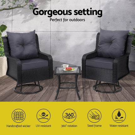 Gardeon 3PC Outdoor Furniture Bistro Set Lounge Wicker Swivel Chairs Table Cushion Black.