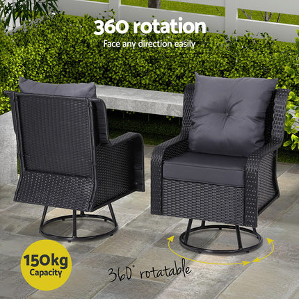 Gardeon 3PC Outdoor Furniture Bistro Set Lounge Wicker Swivel Chairs Table Cushion Black.