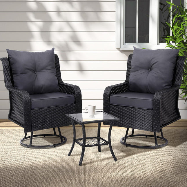 Gardeon 3PC Outdoor Furniture Bistro Set Lounge Wicker Swivel Chairs Table Cushion Black.