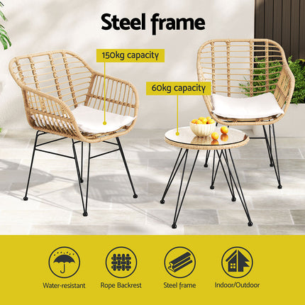 Gardeon 3PC Outdoor Furniture Bistro Set Lounge Setting Table Chairs Cushion Patio Grey.