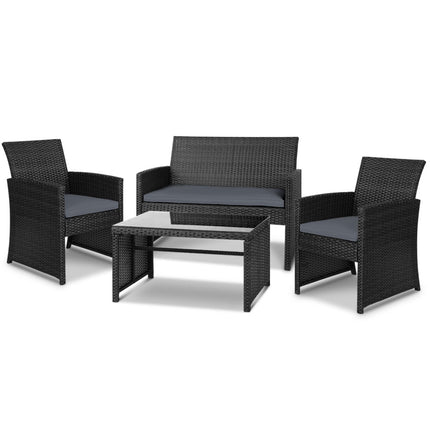 Gardeon 4 PCS Outdoor Sofa Set Rattan Chair Table Setting Garden Furniture Black.
