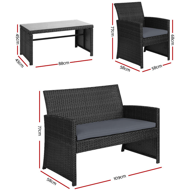 Gardeon 4 PCS Outdoor Sofa Set Rattan Chair Table Setting Garden Furniture Black.