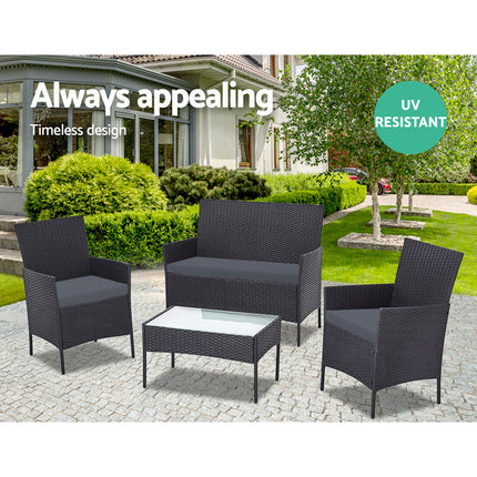 Gardeon 4 PCS Outdoor Sofa Set Rattan Chair Table Setting Garden Furniture Black.