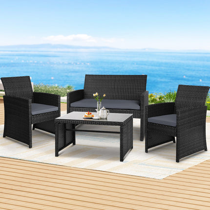 Gardeon 4 PCS Outdoor Sofa Set Rattan Chair Table Setting Garden Furniture Black.