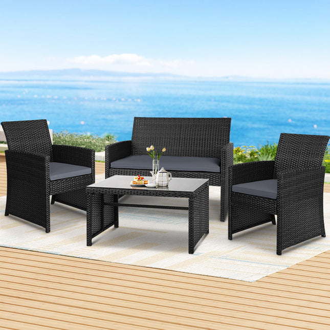 Gardeon 4 PCS Outdoor Sofa Set Rattan Chair Table Setting Garden Furniture Black.