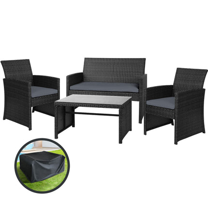 Gardeon 4 PCS Outdoor Sofa Set with Storage Cover Rattan Chair Furniture Black.
