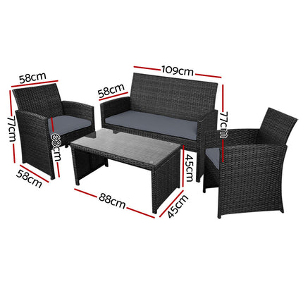 Gardeon 4 PCS Outdoor Sofa Set with Storage Cover Rattan Chair Furniture Black.