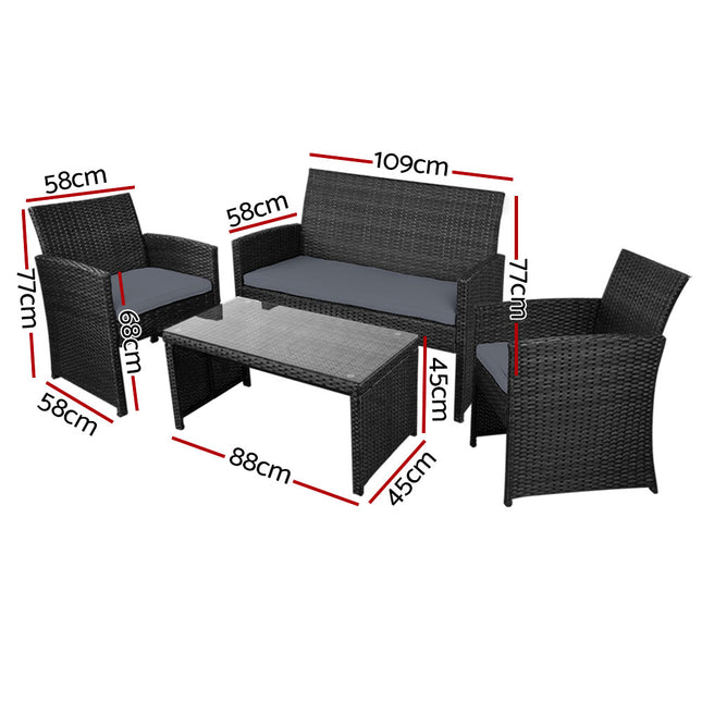 Gardeon 4 PCS Outdoor Sofa Set with Storage Cover Rattan Chair Furniture Black.