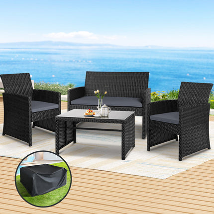 Gardeon 4 PCS Outdoor Sofa Set with Storage Cover Rattan Chair Furniture Black.