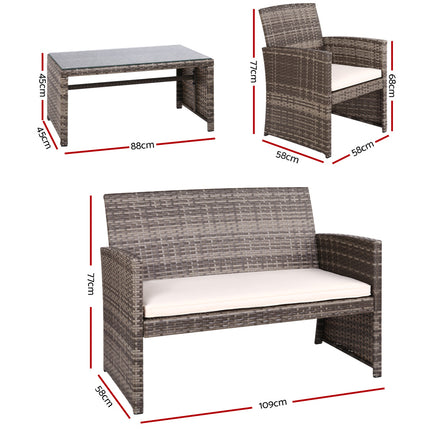 Gardeon 4 PCS Outdoor Sofa Set Rattan Chair Table Setting Garden Furniture Grey.