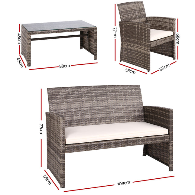 Gardeon 4 PCS Outdoor Sofa Set Rattan Chair Table Setting Garden Furniture Grey.