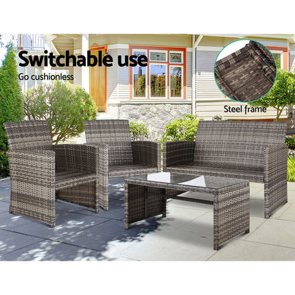 Gardeon 4 PCS Outdoor Sofa Set Rattan Chair Table Setting Garden Furniture Grey.