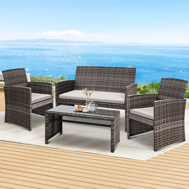 Gardeon 4 PCS Outdoor Sofa Set Rattan Chair Table Setting Garden Furniture Grey.