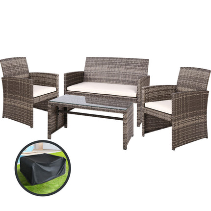 Gardeon 4 PCS Outdoor Sofa Set with Storage Cover Rattan Chair Furniture Grey.