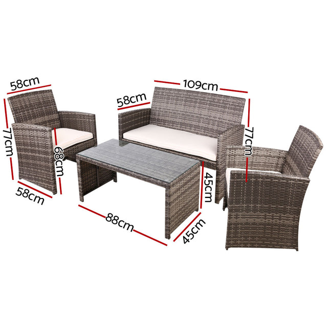 Gardeon 4 PCS Outdoor Sofa Set with Storage Cover Rattan Chair Furniture Grey.