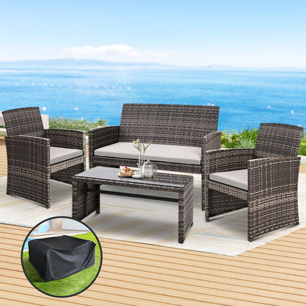 Gardeon 4 PCS Outdoor Sofa Set with Storage Cover Rattan Chair Furniture Grey.