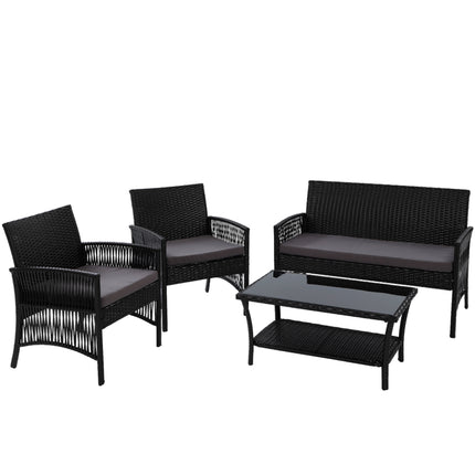 Gardeon 4PCS Outdoor Sofa Set Wicker Harp Chair Table Garden Furniture Black.