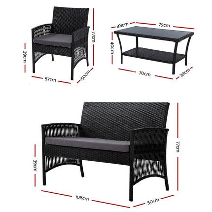 Gardeon 4PCS Outdoor Sofa Set Wicker Harp Chair Table Garden Furniture Black.