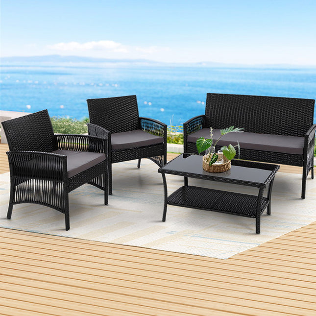 Gardeon 4PCS Outdoor Sofa Set Wicker Harp Chair Table Garden Furniture Black.