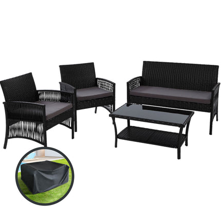 Gardeon 4PCS OutdoorSofa Set with Storage Cover Wicker Harp Chair Table Black.
