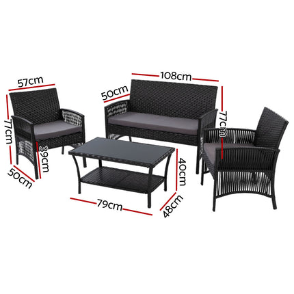Gardeon 4PCS OutdoorSofa Set with Storage Cover Wicker Harp Chair Table Black.