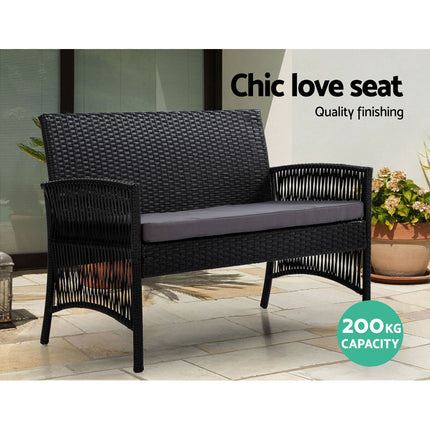 Gardeon 4PCS OutdoorSofa Set with Storage Cover Wicker Harp Chair Table Black.