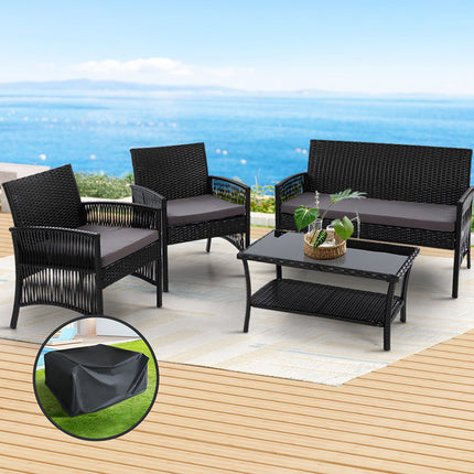 Gardeon 4PCS OutdoorSofa Set with Storage Cover Wicker Harp Chair Table Black.