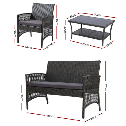 Gardeon 4PCS Outdoor Sofa Set Wicker Harp Chair Table Garden Furniture Grey.