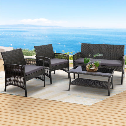 Gardeon 4PCS Outdoor Sofa Set Wicker Harp Chair Table Garden Furniture Grey.