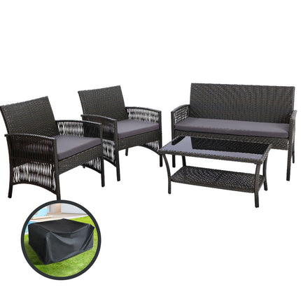 Gardeon 4PCS Outdoor Sofa Set with Storage Cover Wicker Harp Chair Table Grey.