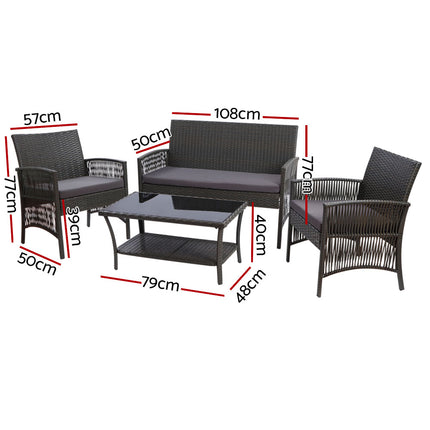 Gardeon 4PCS Outdoor Sofa Set with Storage Cover Wicker Harp Chair Table Grey.