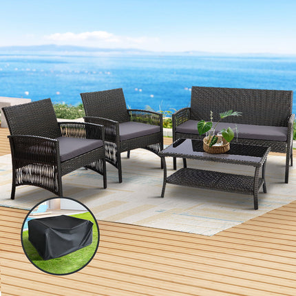 Gardeon 4PCS Outdoor Sofa Set with Storage Cover Wicker Harp Chair Table Grey.