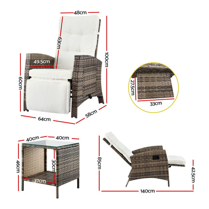 Gardeon 3PC Outdoor Bistro Set Recliner Chairs Table Sun lounge Patio Furniture Wicker Adjustable.