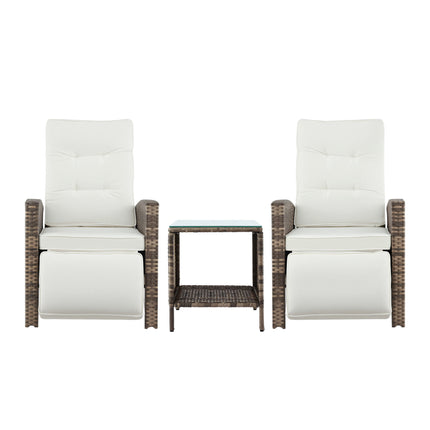 Gardeon 3PC Outdoor Bistro Set Recliner Chairs Table Sun lounge Patio Furniture Wicker Adjustable.