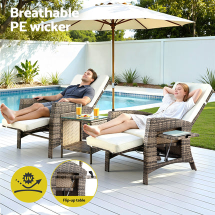 Gardeon 3PC Outdoor Bistro Set Recliner Chairs Table Sun lounge Patio Furniture Wicker Adjustable.
