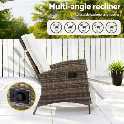 Gardeon 3PC Outdoor Bistro Set Recliner Chairs Table Sun lounge Patio Furniture Wicker Adjustable.