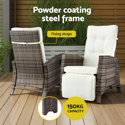 Gardeon 3PC Outdoor Bistro Set Recliner Chairs Table Sun lounge Patio Furniture Wicker Adjustable.