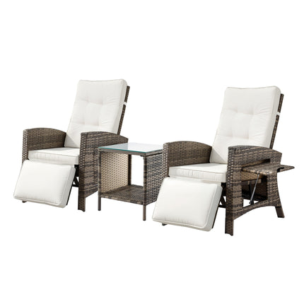 Gardeon 3PC Outdoor Bistro Set Recliner Chairs Table Sun lounge Patio Furniture Wicker Adjustable.