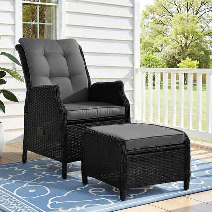 Gardeon Recliner Chair Sun lounge Wicker Lounger Outdoor Furniture Patio Adjustable Black.