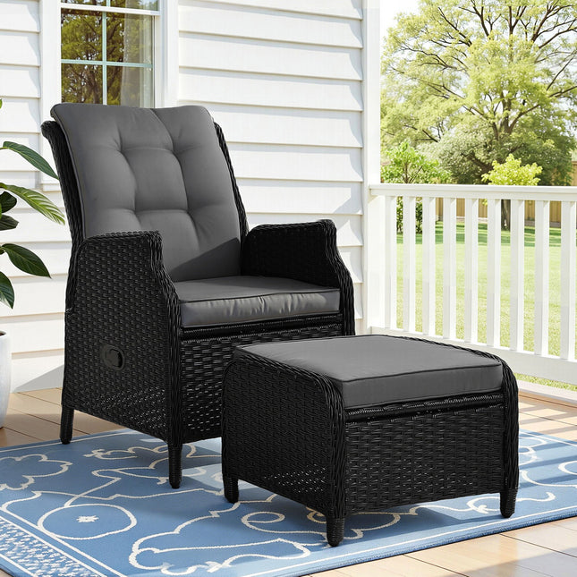 Gardeon Recliner Chair Sun lounge Wicker Lounger Outdoor Furniture Patio Adjustable Black.