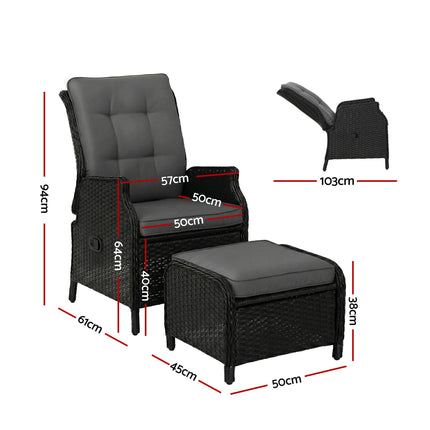 Gardeon Recliner Chair Sun lounge Wicker Lounger Outdoor Furniture Patio Adjustable Black.