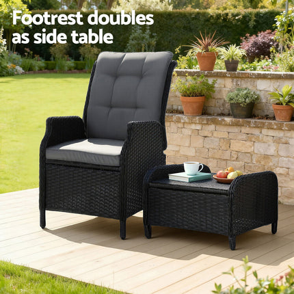 Gardeon Recliner Chair Sun lounge Wicker Lounger Outdoor Furniture Patio Adjustable Black.