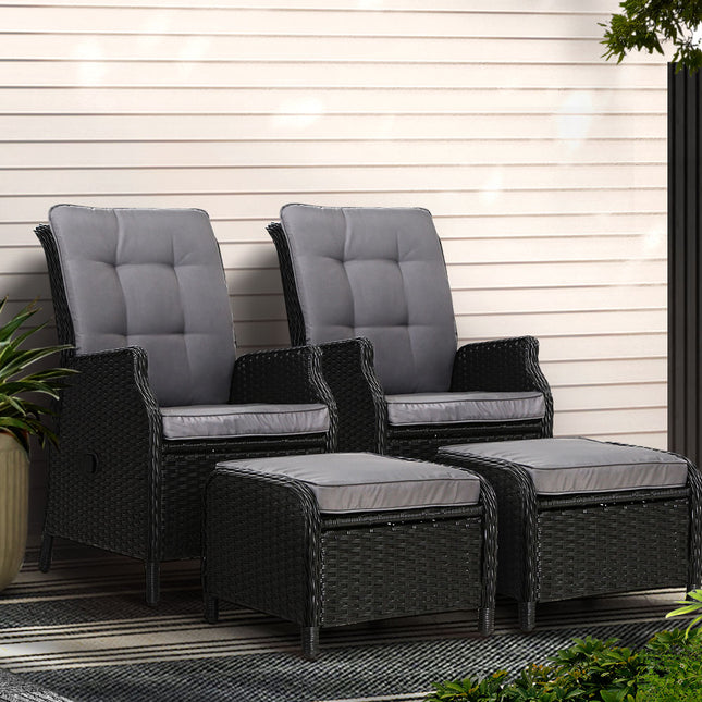 Gardeon 2PC Recliner Chair Sun lounge Wicker Lounger Outdoor Furniture Adjustable Black.