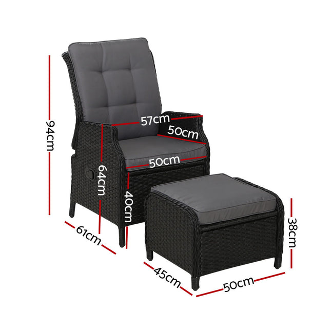 Gardeon 2PC Recliner Chair Sun lounge Wicker Lounger Outdoor Furniture Adjustable Black.