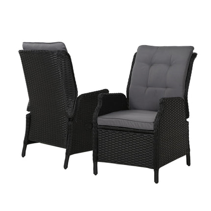 Gardeon 2PC Recliner Chair Sun lounge Wicker Lounger Outdoor Furniture Adjustable Black.