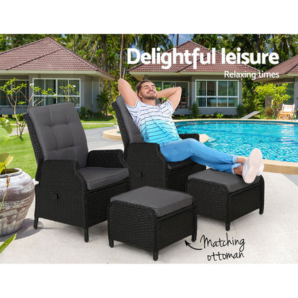 Gardeon 2PC Recliner Chair Sun lounge Wicker Lounger Outdoor Furniture Adjustable Black.