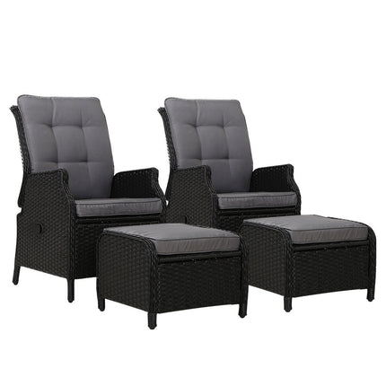 Gardeon 2PC Recliner Chair Sun lounge Wicker Lounger Outdoor Furniture Adjustable Black.