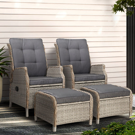 Gardeon 2PC Recliner Chair Sun lounge Wicker Lounger Outdoor Furniture Adjustable Grey.