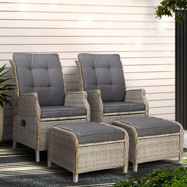 Gardeon 2PC Recliner Chair Sun lounge Wicker Lounger Outdoor Furniture Adjustable Grey.